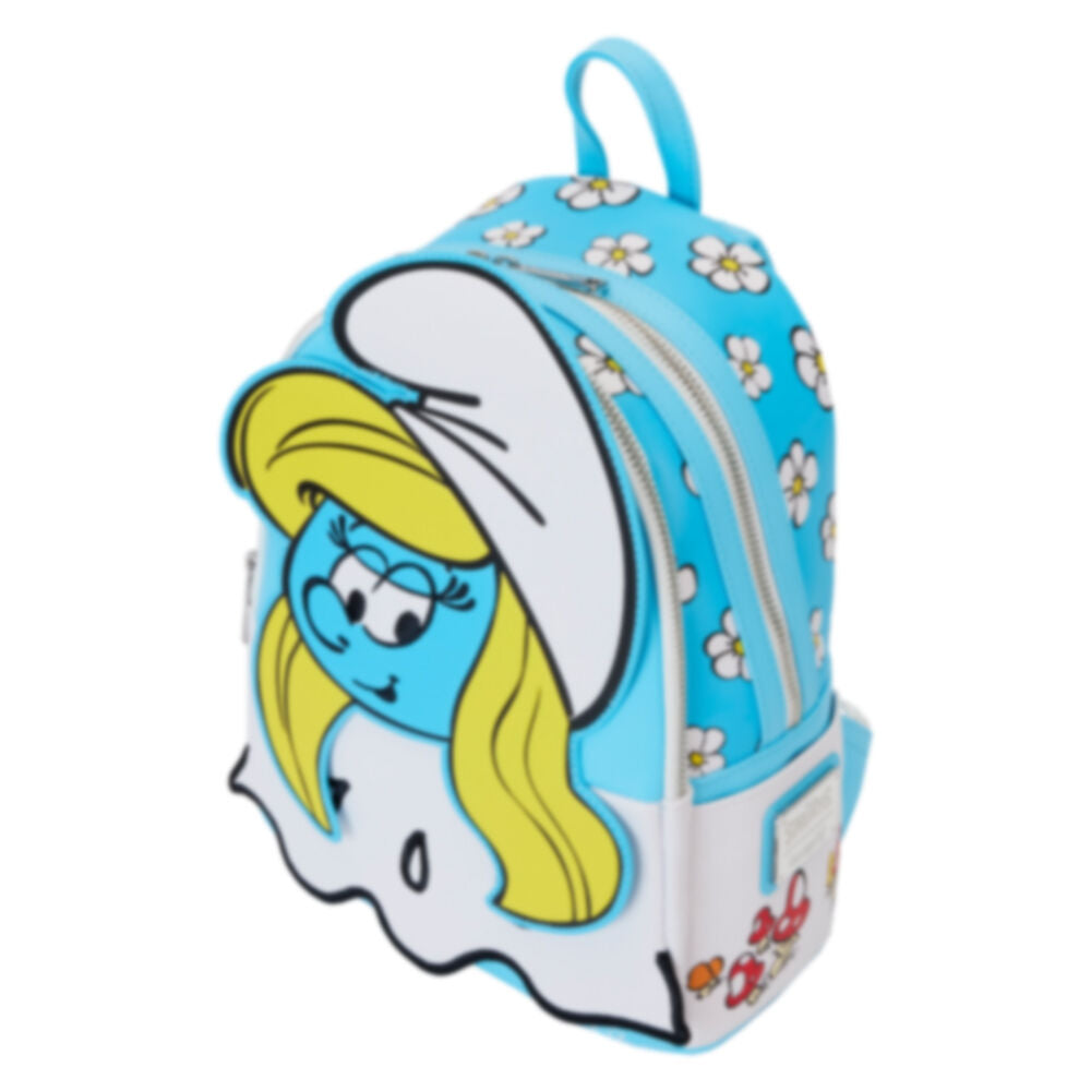 Profil latéral montrant la poche latérale et la texture du simili cuir du sac à dos Smurfette