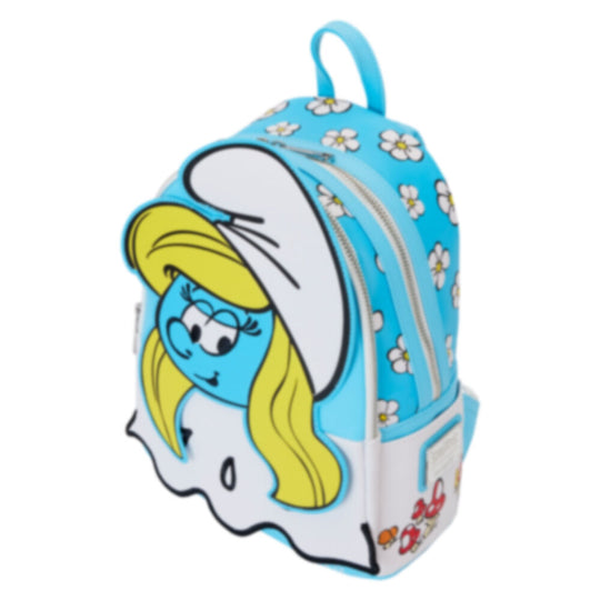 Profil latéral montrant la poche latérale et la texture du simili cuir du sac à dos Smurfette