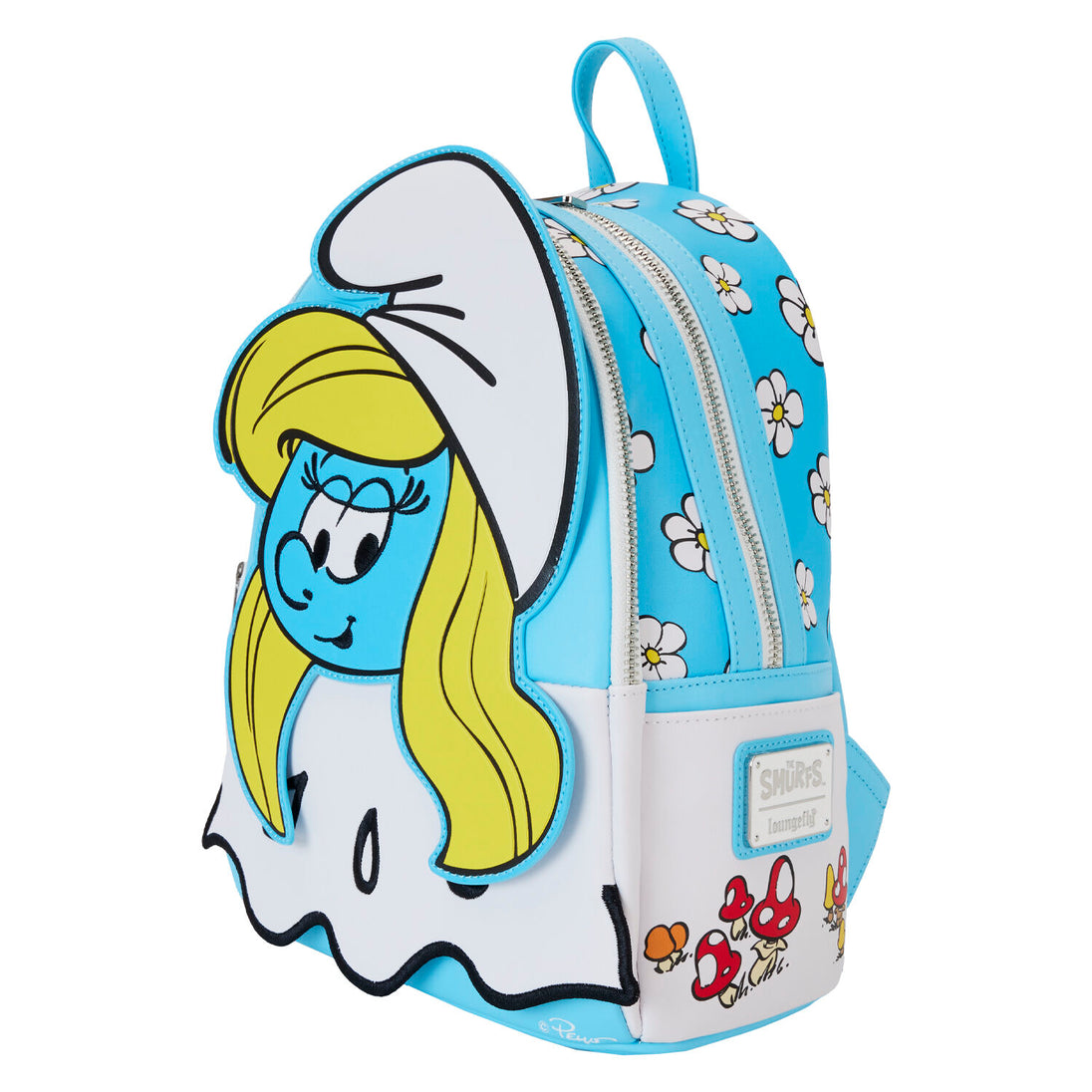 Vue arrière avec bretelles ajustables en simili cuir et coutures renforcées du sac à dos Loungefly Smurfette