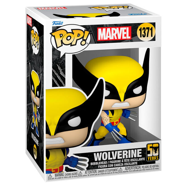Figurine Funko POP Wolverine 50e Anniversaire en costume classique, vue de face dans sa boîte cadeau