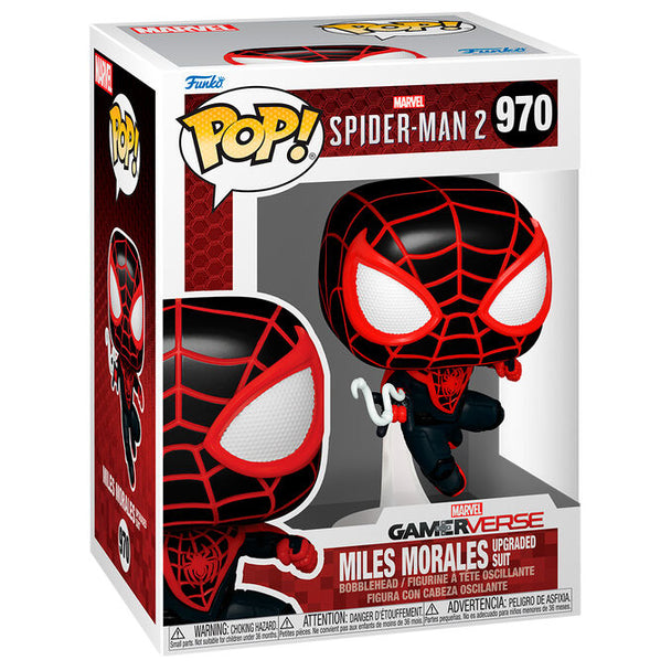 Figurine Funko POP de 9 cm représentant Miles Morales en costume amélioré de Spiderman 2, vue de face avec détails précis
