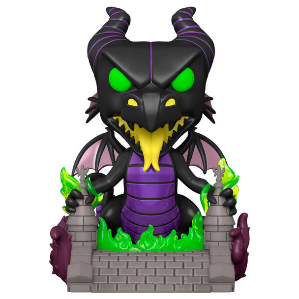 Vue rapprochée de la figurine Funko POP Deluxe Maléfique sur pont montrant les détails du vinyle et la boîte collector