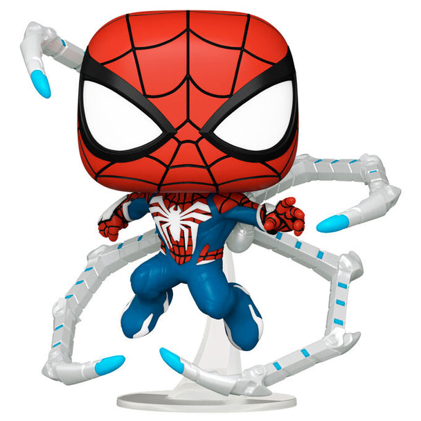 Vue rapprochée de la figurine Funko POP Spiderman 2 Peter Parker Advanced Suit 2.0 montrant les détails du costume
