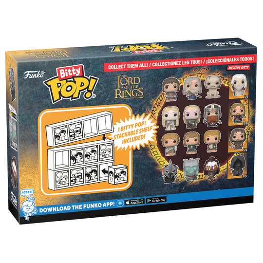 Présentation des 4 figures Bitty POP Le Seigneur des Anneaux dans leur emballage original FUNKO
