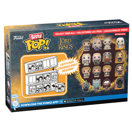 Vue rapprochée des 4 figurines Bitty POP The Lord of the Rings avec base amovible et design coloré