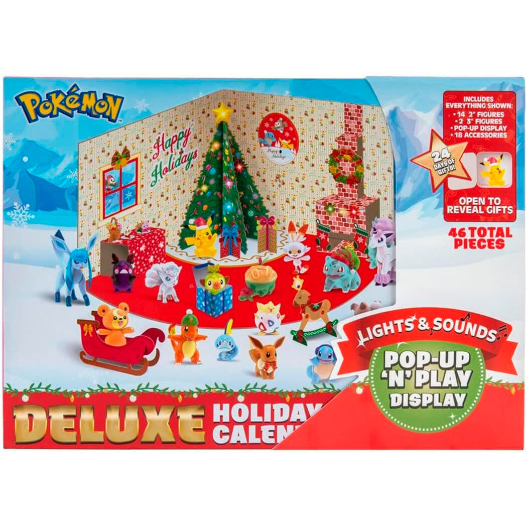 Calendrier de l'Avent Pokémon Deluxe avec lumières et sons, produit officiel Nintendo, image du coffret coloré et festif.