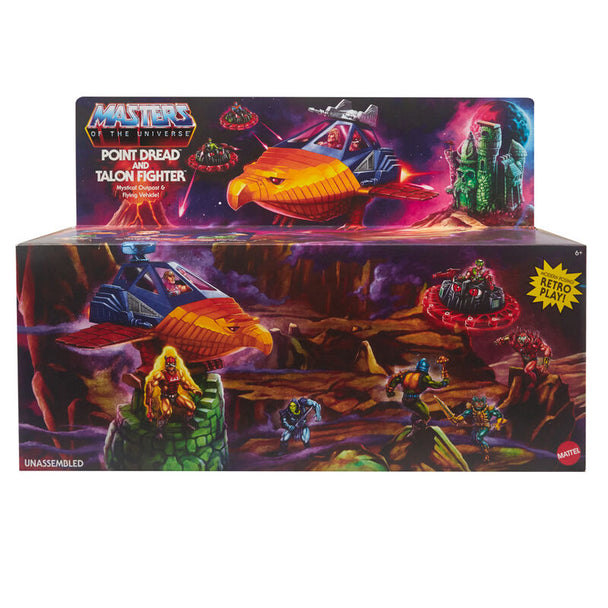 Vue du véhicule Point Dread et Talon Fighter Masters of the Universe avec antenne radar déployée