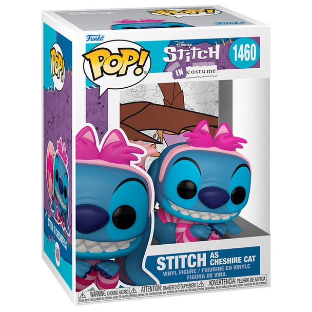 Figurine Funko POP Stitch déguisé en Chat du Cheshire Disney vue de face avec boîte cadeau