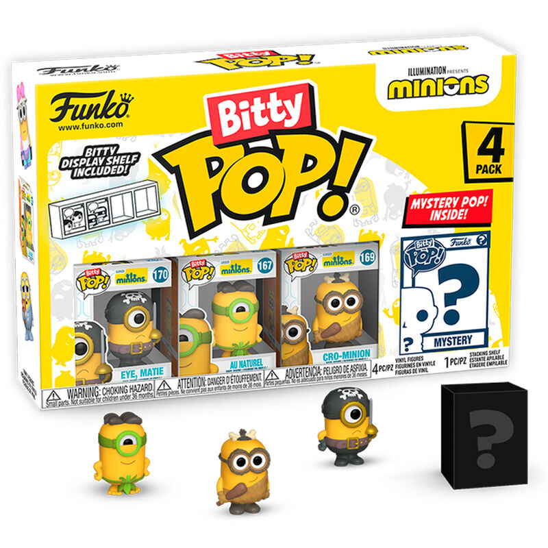 Blister contenant 4 figurines Bitty POP Minions FUNKO Série 1, présentées dans un étui acrylique transparent.