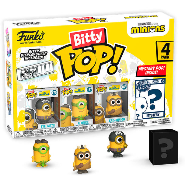 Blister contenant 4 figurines Bitty POP Minions FUNKO Série 1, présentées dans un étui acrylique transparent.