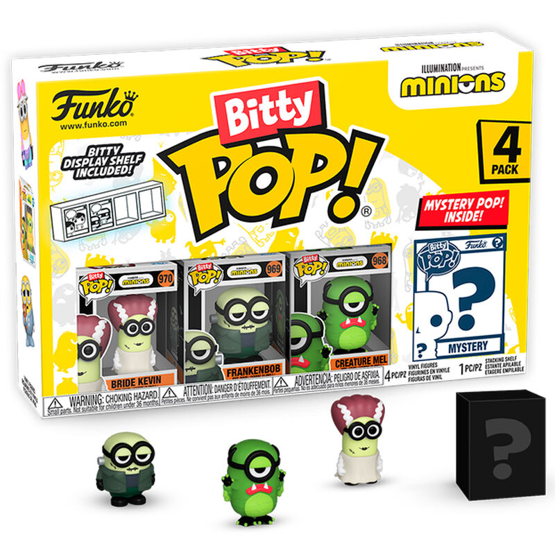 Blister contenant 4 figurines Bitty POP Minions Série 2 FUNKO, visibles dans leur boîtier acrylique transparent.