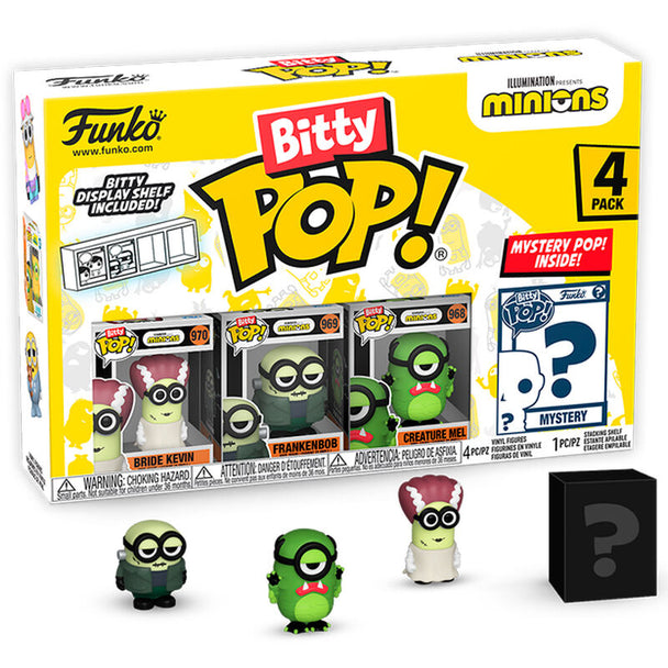 Blister contenant 4 figurines Bitty POP Minions Série 2 FUNKO, visibles dans leur boîtier acrylique transparent.