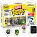 Blister contenant 4 figurines Bitty POP Minions Série 2 FUNKO, visibles dans leur boîtier acrylique transparent.