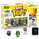 Blister contenant 4 figurines Bitty POP Minions Série 2 FUNKO, visibles dans leur boîtier acrylique transparent.