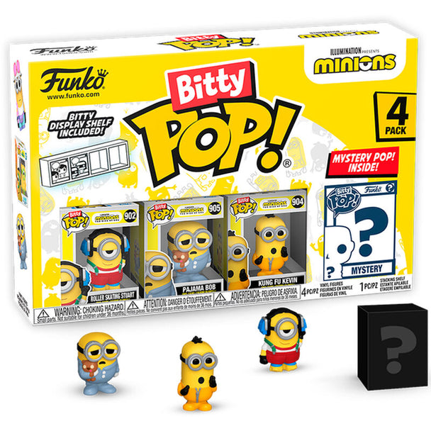 Blister contenant 4 figurines Bitty POP Minions Série 3 de FUNKO dans leur boîtier acrylique transparent