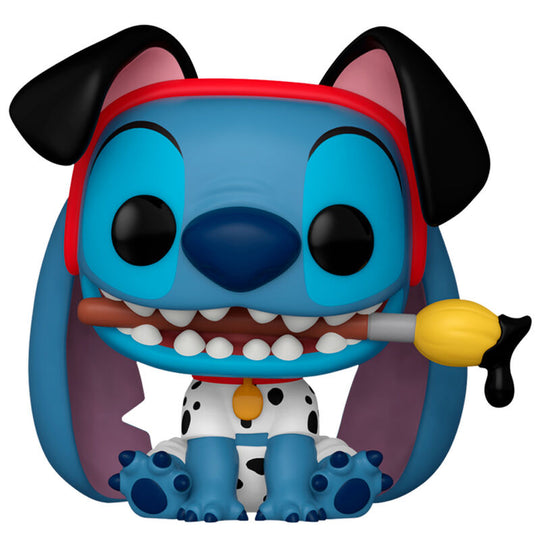Vue rapprochée de la figurine Funko POP Disney Stitch en costume de Pongo avec détails colorés