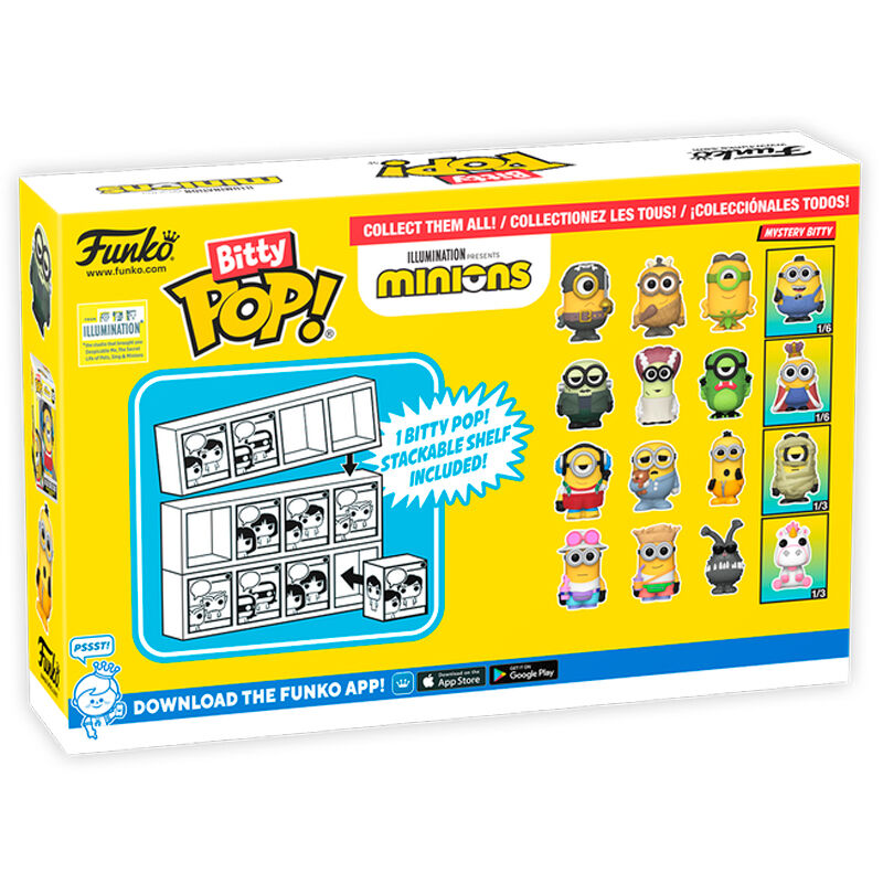 Ensemble des 4 figurines Bitty POP Minions Série 4 exposées côte à côte sur une surface blanche