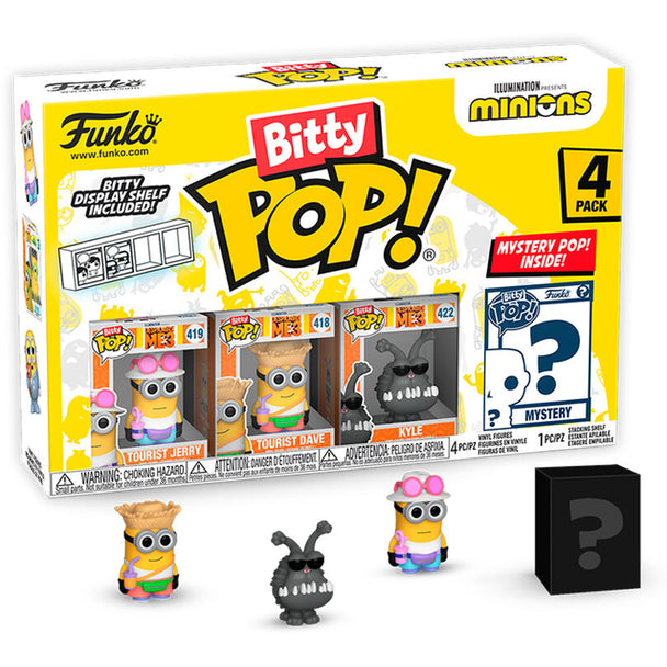 Blister contenant 4 figurines Bitty POP Minions Série 4 FUNKO, chaque figurine dans un boîtier acrylique transparent