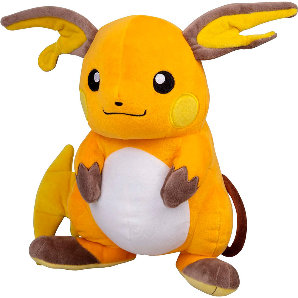 Photo de la peluche Raichu posée sur un fond neutre mettant en valeur sa texture douce