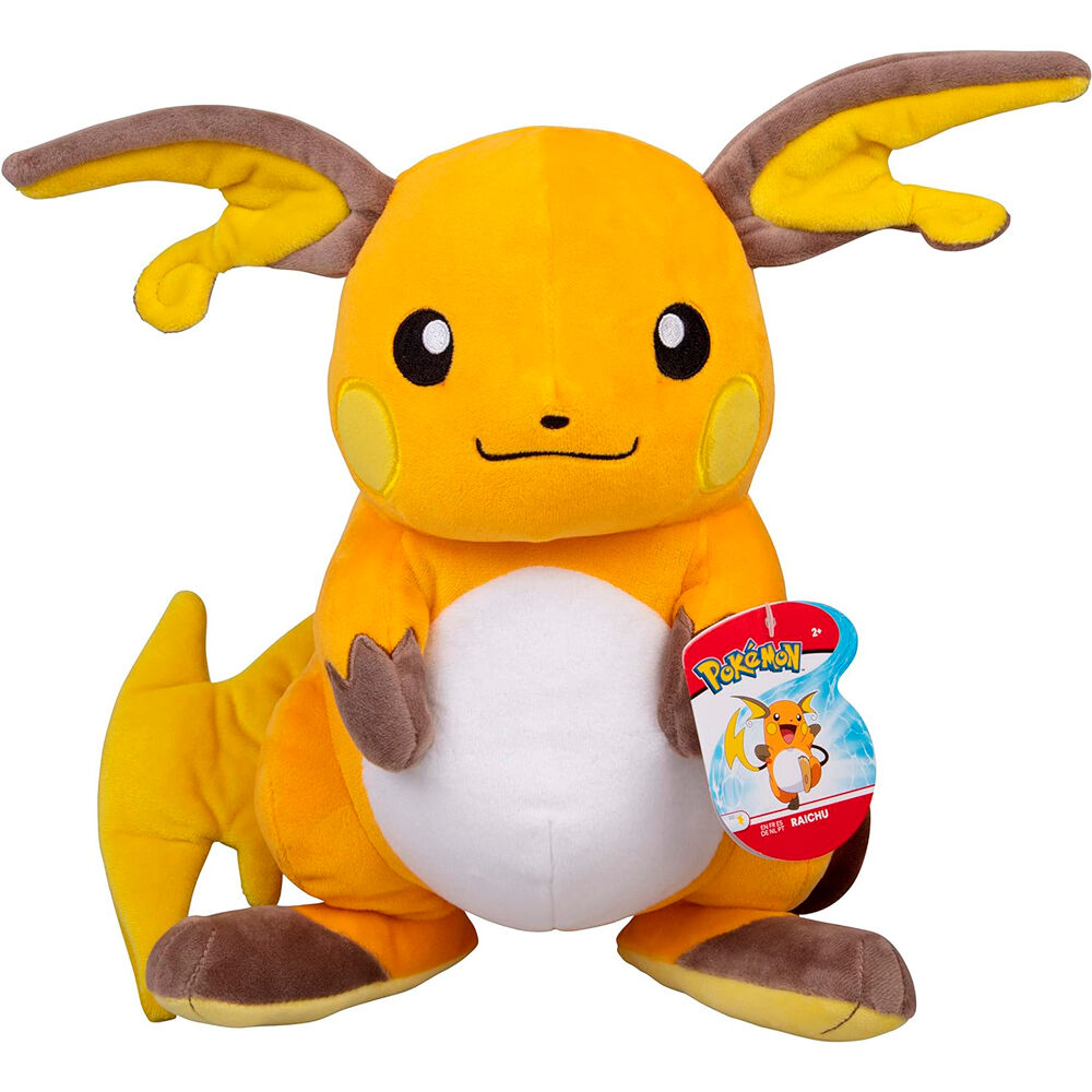 Vue latérale de la peluche Raichu Pokémon illustrant la qualité des finitions JAZWARES