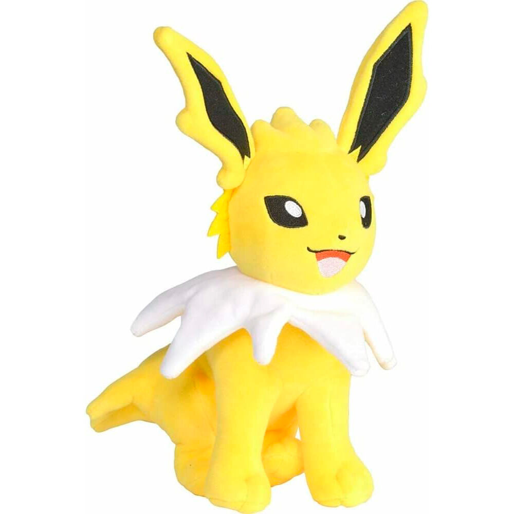 Peluche officielle Jolteon Pokémon de 21cm signée JAZWARES, vue de face avec détails précis et couleurs vives.