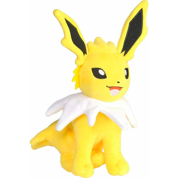 Peluche officielle Jolteon Pokémon de 21cm signée JAZWARES, vue de face avec détails précis et couleurs vives.