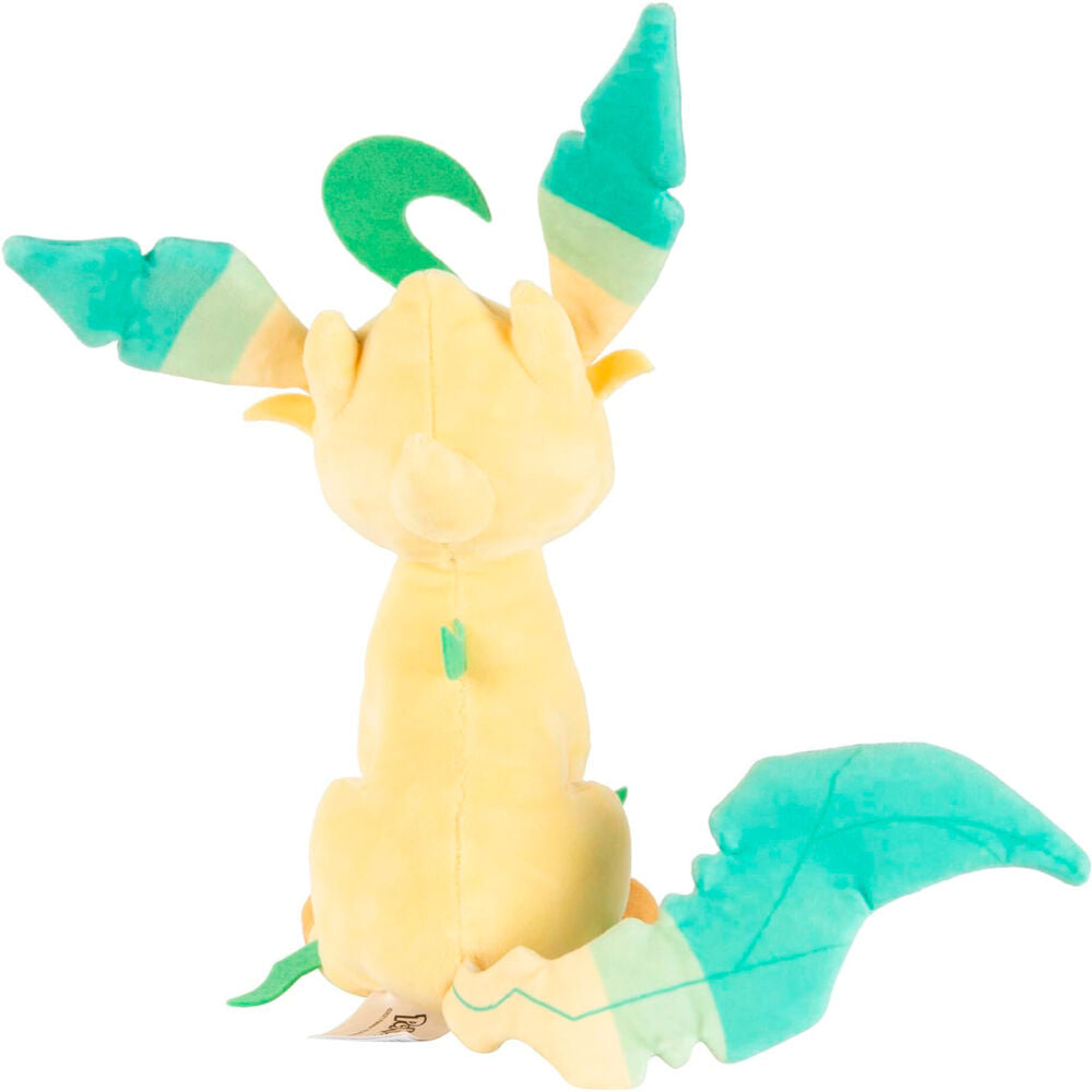 Vue de profil de la peluche Leafeon Pokémon montrant la texture douce