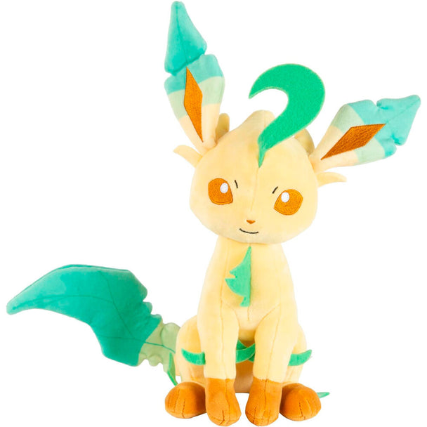 Peluche Leafeon Pokémon de 23 cm vue de face avec détails verts et beige