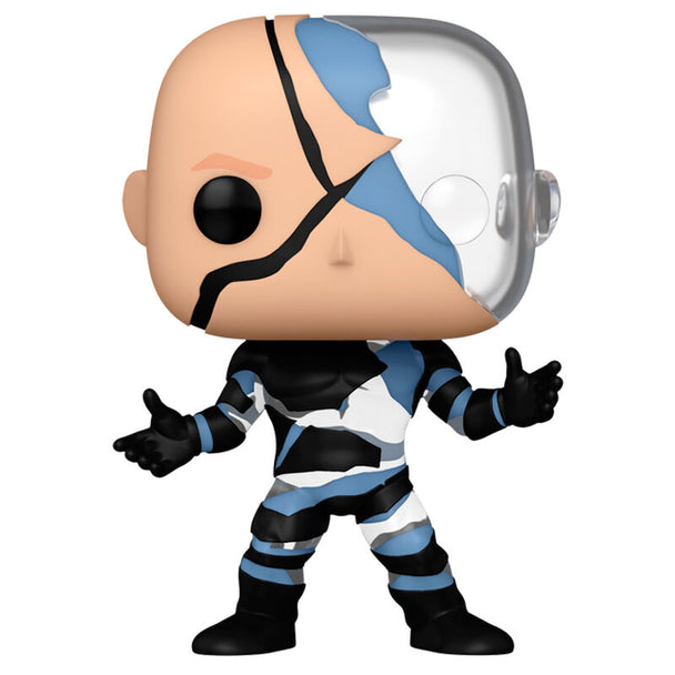 Gros plan sur les détails colorés et le visage unique de la figurine Funko POP Mr. Nobody Doom Patrol