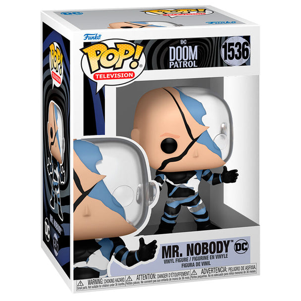 Vue de face de la figurine Funko POP Mr. Nobody de Doom Patrol en vinyle de 9 cm dans sa boîte cadeau
