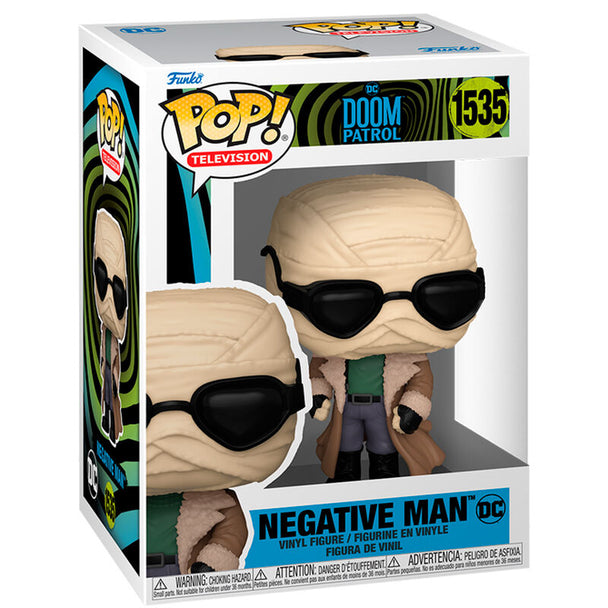 Détail de la figurine Funko POP Negative Man DC Comics Doom Patrol, montrant les couleurs et le design uniques.