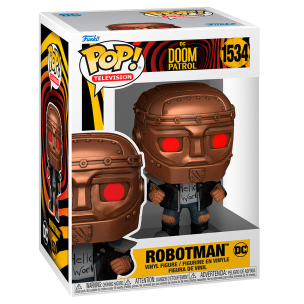 Vue rapprochée de la figurine Funko POP Robotman avec détails précis et couleurs vives sur fond neutre