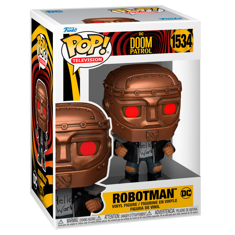 Vue rapprochée de la figurine Funko POP Robotman avec détails précis et couleurs vives sur fond neutre