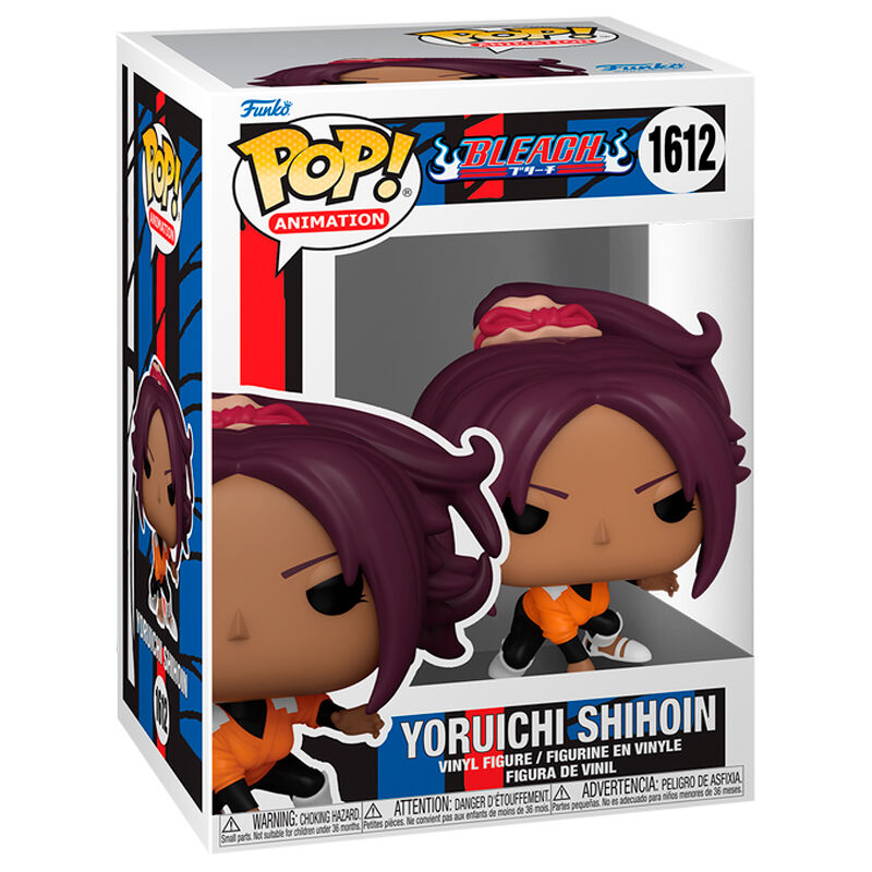 Vue rapprochée de la figurine Funko POP Yoruichi Shihoin avec détails soignés et packaging collector