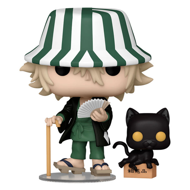 Figurine Funko POP de Kisuke Urahara de Bleach en vinyle, hauteur 9 cm, présentée dans sa boîte cadeau.