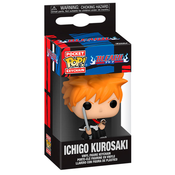 Vue rapprochée du porte-clés Funko Pocket POP Ichigo Kurosaki avec détails précis et couleurs vives