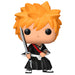 Vue latérale de la figurine Funko POP Ichigo Kurosaki montrant la posture dynamique et les accessoires