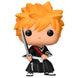 Vue latérale de la figurine Funko POP Ichigo Kurosaki montrant la posture dynamique et les accessoires