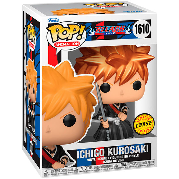 Figurine Funko POP Ichigo Kurosaki Chase de Bleach, vue de face avec détails du costume et visage expressif, sur fond blanc