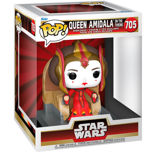 Vue latérale de la figurine POP Deluxe FUNKO Star Wars Reine Amidala sur le trône, mettant en valeur les textures et couleurs.