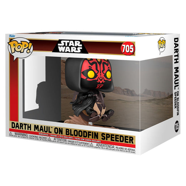 Vue latérale de la figurine Star Wars Darth Maul sur Bloodfin Speeder FUNKO POP Deluxe montrant la monture et les finitions