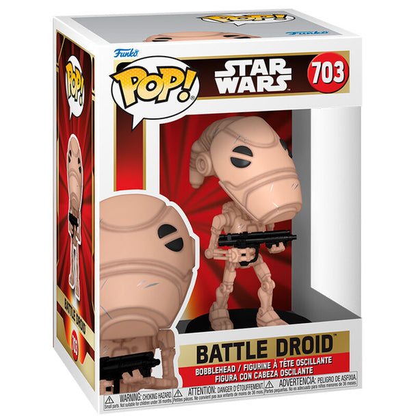 Vue rapprochée de la figurine Battle Droid Funko POP montrant les détails et couleurs précises