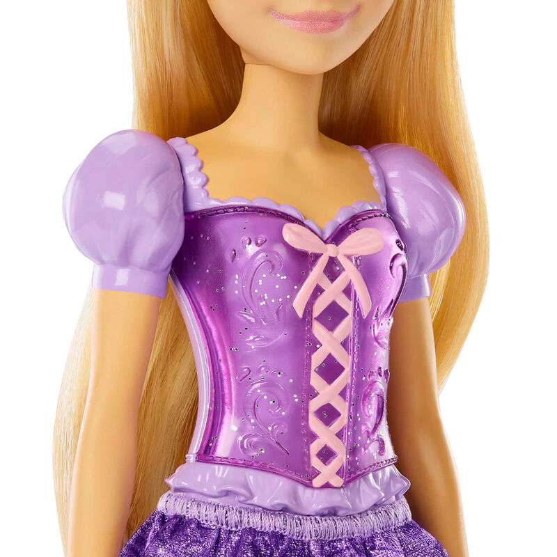 Vue de profil de la poupée Raiponce Disney avec ses longs cheveux blonds pour coiffure