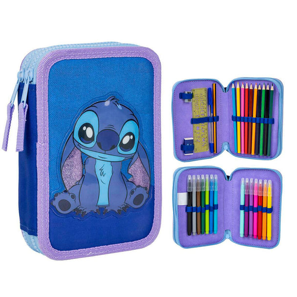 Trousse double Stitch Disney CERDÁ vue de face avec fermeture éclair ouverte, montrant les deux compartiments spacieux
