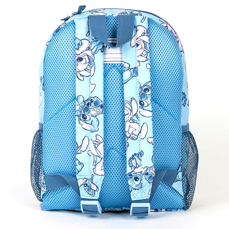 Détail du tissu 100% polyester du sac à dos Stitch avec logo officiel Disney visible