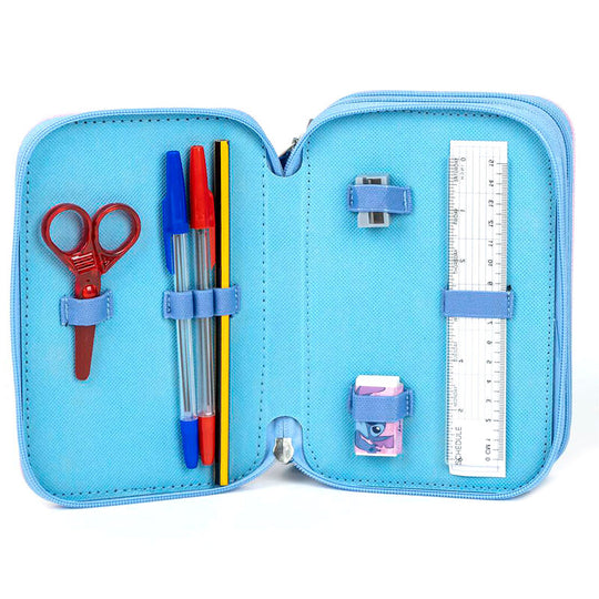 Trousse triple Stitch ouverte montrant les trois compartiments spacieux