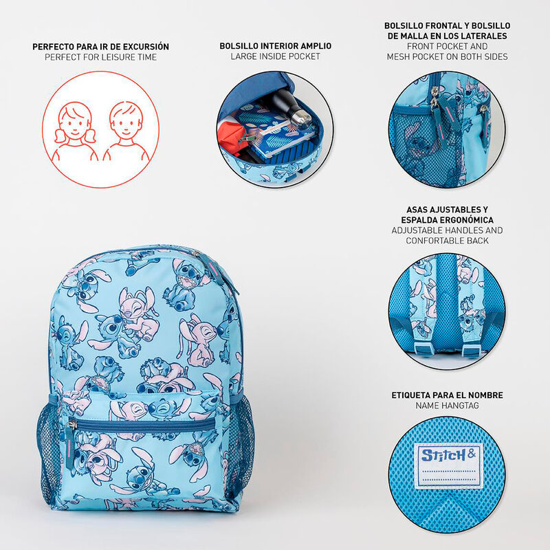 Photo du sac à dos Stitch porté par un enfant, illustrant le confort et le style