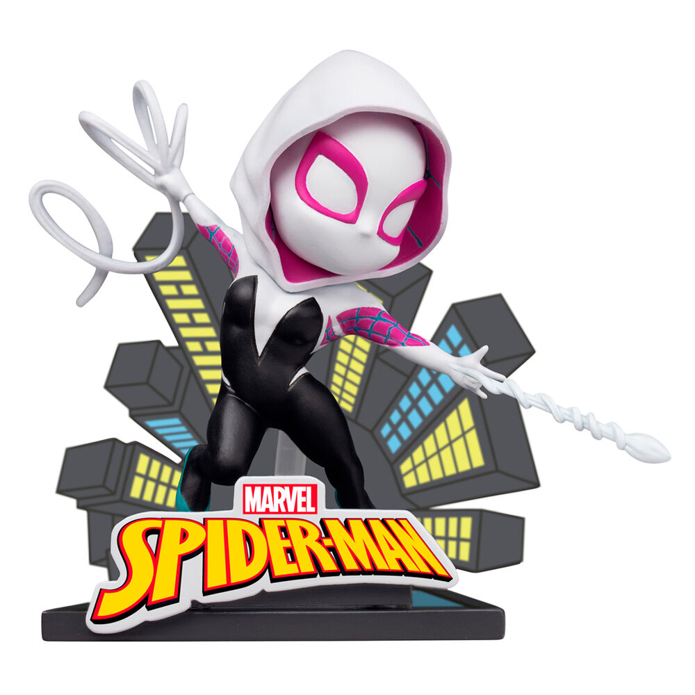 Détail des yeux blancs brillants sur le masque de la figurine Spider-Man
