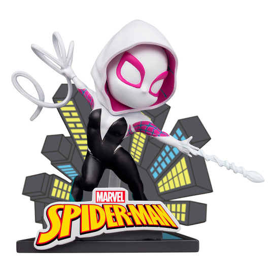 Détail des yeux blancs brillants sur le masque de la figurine Spider-Man
