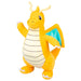 Gros plan sur le visage souriant de la peluche Dragonite Pokémon signée JAZWARES